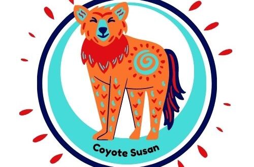 Coyote Susan logo in a cartoon drawing of an orange coyote wearing a red bandana with a turquoise spiral on its side and red accents